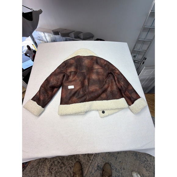 Apparis Reversible Faux Leather Shearling Aviator Jacket Brown Cream Biker Coat - Picture 6 of 7